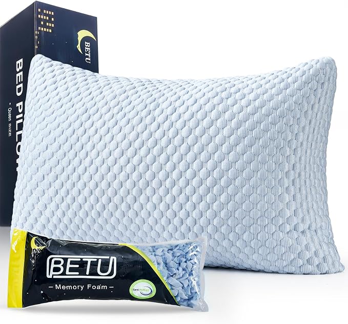 BETU Cooling Pillow Queen Size, Breathable Shredded Memory Foam Cool Pillow for Hot Sleepers, Adjustable Soft Support Bed Pillows for Side, Back, Stomach Sleepers, 3D Honeycomb Breathable Cover