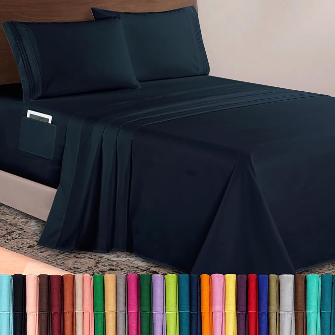 Elegant Comfort Luxurious 1500 Premium Hotel Quality Microfiber 4-Piece Sheet Set, 18-24 Inches Deep - Extra Deep Pocket Sheets - Ultra Soft 4PC Deep Pocket Sheets, Queen, Black