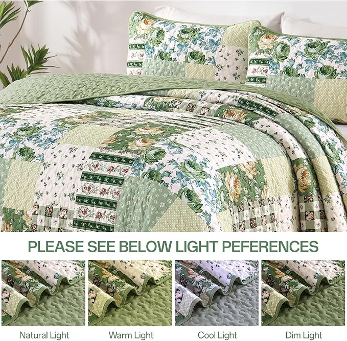 Patchwork Quilt Set Queen Size, Sage Green Floral Plaid Bedspread | Rustic Flower Coverlet Set, Soft Lightweight Farmhouse Quilt Bedding Set 3 Pieces for All Season, 96''x90''
