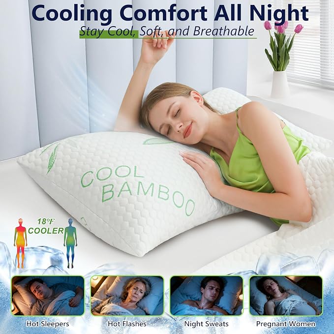 Shredded Memory Foam Pillows, Cooling Pillows Standard Size Set of 2 Adjustable Firm Bamboo Bed Pillows for Hot, Side, Back and Stomach Sleepers