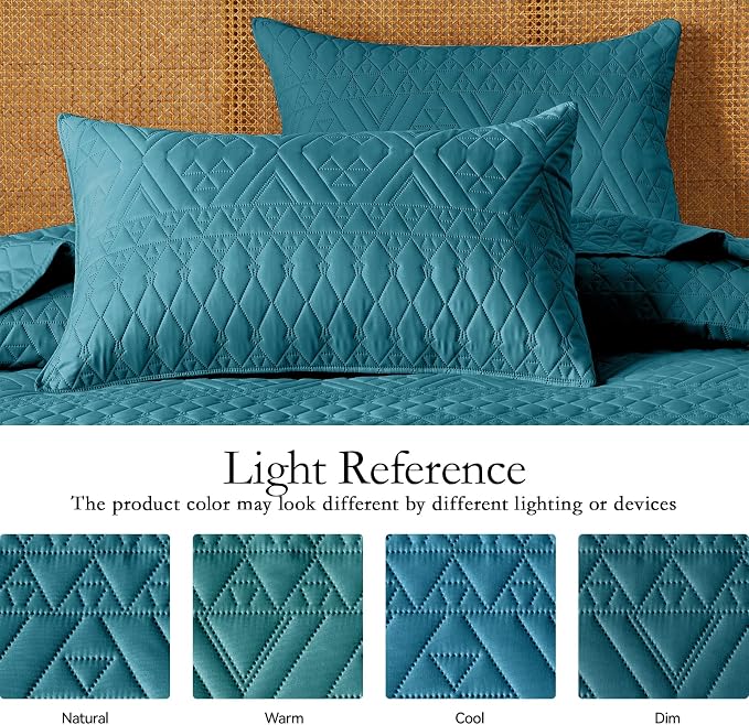 akkialla Full/Queen Quilt Set, Teal Lightweight Microfiber Bedspread Coverlet, Boho Geometric Pattern, Soft All-Season Bedding, 3-Piece (1 Quilt, 2 Pillow Shams)