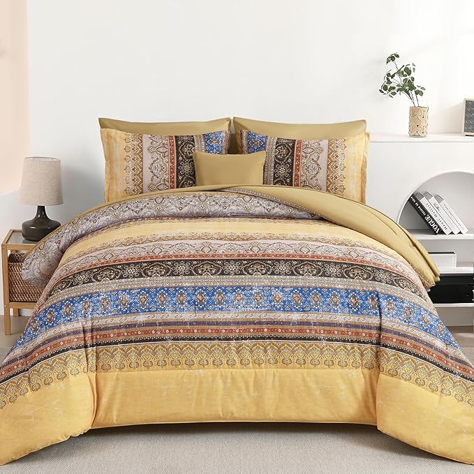 Cottolester Boho Full Comforter Set 8 Pieces,Yellow Bohemian Striped Bed in a Bag,Paisley Soft Microfiber Bedding Comforter Set