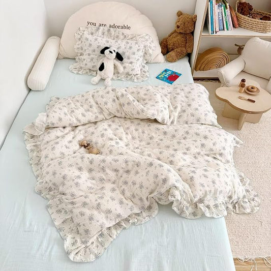 Muslin Cotton Kids Duvet Cover with Ruffles for Toddler Bed/Crib Comforter/Quilt Cover Shabby Chic Blue Freesia Print Toddler Duvet Cover Girls Boys, 47"x59", No Pillow Cases