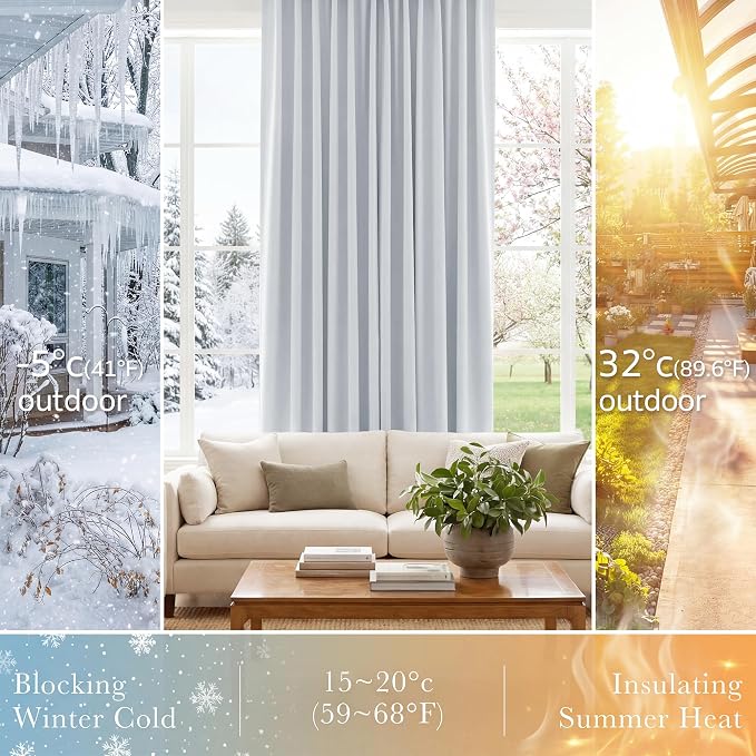 PONY DANCE Blackout Curtains for Bedroom 90 inches Long 2 Panels Set, Thermal Insulated Rod Pocket Black Out Window Drapes, Noise Reducing Window Treatment for Living Room(W52 x L90 inch, White)