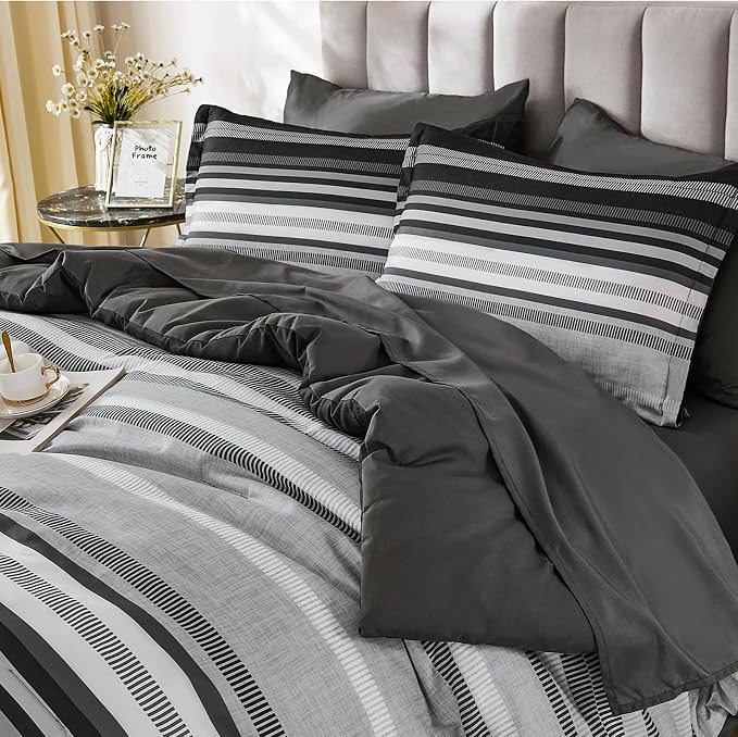 Dobuyly Grey Comforter Set King Size 7 Piece, Boho Striped Bed in a Bag King Soft Microfiber Dark Gray Bedding Sets with Comforter, Sheets, Pillowcases & Shams All Season