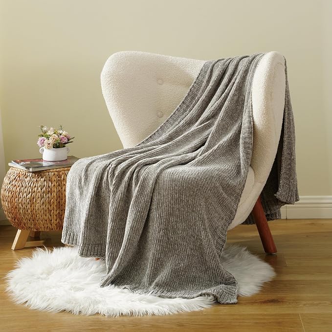 Chenille Throw Blanket for Couch Sofa, Light Grey Throw Blanket 51"x67" | Shiny Chenille Blanket, Soft Cozy Gray Knit Throw Blanket, Knitted Chenille Throw Blanket for Chair, Living Room, Home Decor