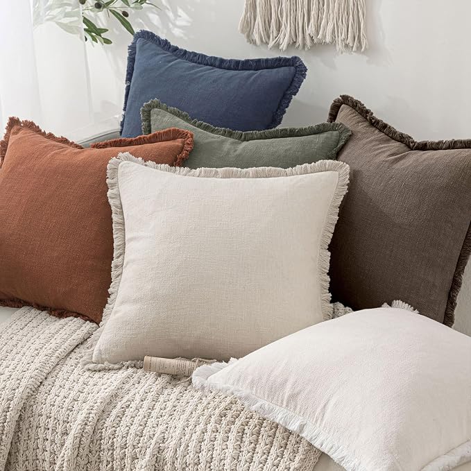 MIULEE Linen Fringe Decorative Fall Euro Throw Pillow Covers Coffee 22x22 | Set of 2, Cottagecore Decor, Boho Farmhouse Neutral Pillow Covers, Rustic Fall Couch Cushion Cases for Sofa Bed Living Room