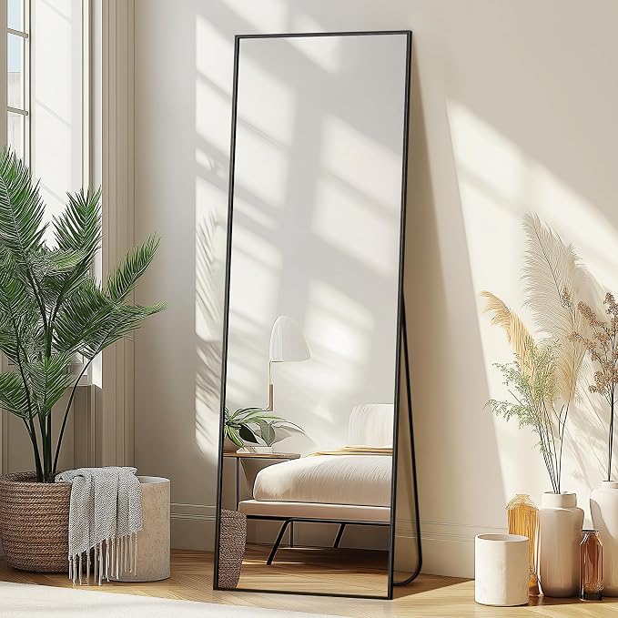 Full Length Mirror with Stand, Black Floor Mirror | Aluminium alloy frame with HD float glass for distortion-free reflection. Free standing or wall mounted.