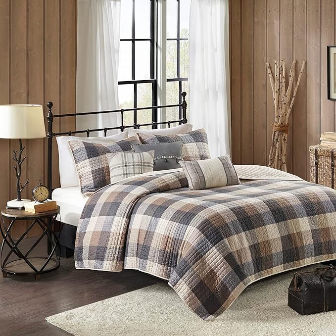 Madison Park Cabin Lifestyle Plaid Quilt Set, 6PC Full/Queen Coverlet | All Season, Luxurious Coverlet Bedspread Lightweight Bedding Layer, Shams, Decorative Pillow, Neutral