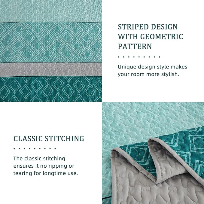 Cottolester Teal Quilt Set Full Size,3 Pieces Boho Striped Plaid Bedspread | Soft Microfiber Quilt for Teens Boys Adults,Ultra Soft Summer Lightweight Coverlets Set 78"x90"