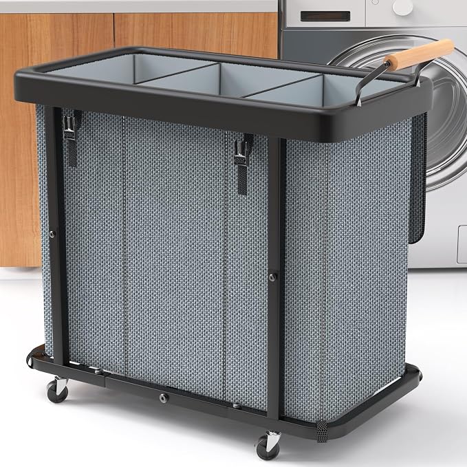 Laundry Hamper 3 Section with Lid,230L Rolling Dirty Clothes Hamper Grey | Laundry Basket with Wheels,Laundry Organizer Storage Cart with Sturdy Metal Frame and Wooden Handle for Laundry Room, Hotel