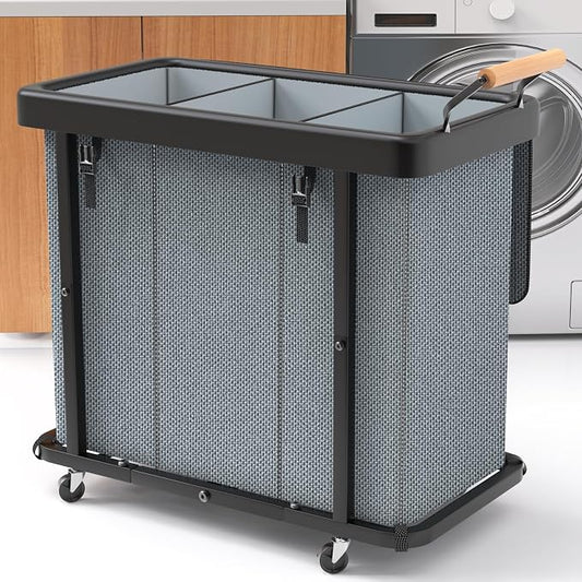 Laundry Hamper 3 Section with Lid,230L Rolling Dirty Clothes Hamper Grey | Laundry Basket with Wheels,Laundry Organizer Storage Cart with Sturdy Metal Frame and Wooden Handle for Laundry Room, Hotel