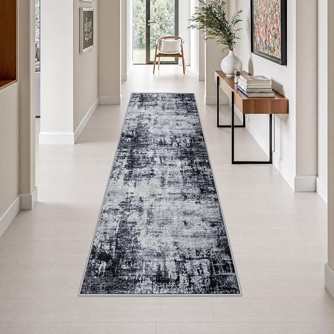 2.6x10 Washable Runner Rug:Modern Abstract Soft Carpet Dark Black | For Hallway, Bedroom, Kitchen, Laundry, Bathroom,Door Mat,Modern Abstract,Machine washable,Non-Slip,Stain Resistant,Indoor