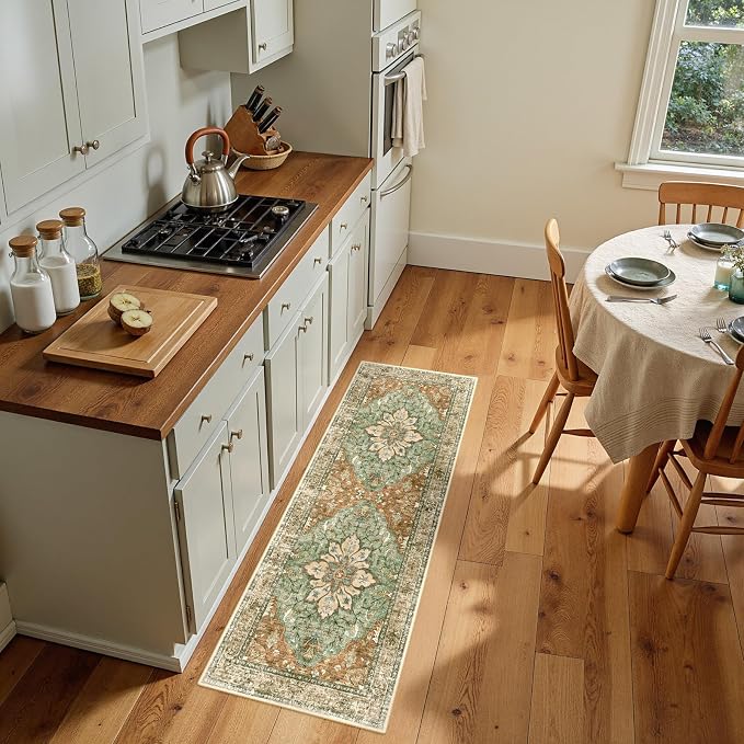 RELEANY Washable Area Rug, Runner 2'x5', Brick/Brown/Green | Non-Slip, Water Repellent, Pet Friendly, Easy to Clean, Vintage Floral Boho Decor for Kitchen Entry Bedroom Bedside Laundry