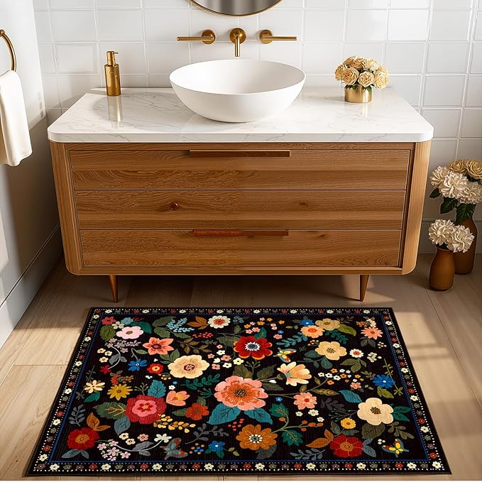 RELEANY Floral Washable 2x3 Area Rugs Doormat Black | Flower Carpet, Print, Boho, Non-Slip, Easy to Clean, Soft, Low Pile for Living Room Bedroom Kitchen Office Entryway Hallway