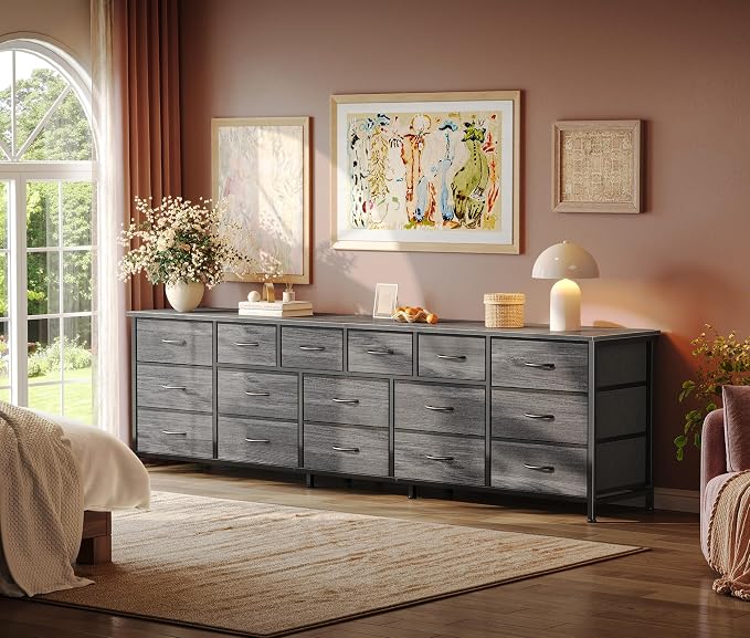 Huuger 77.6" Long Dresser for Bedroom, 16 Drawer Fabric Dresser for Closet, Wide Chest of Drawers with Storage, TV Stand for 65, 75, 85 Inch TV, 77.6" W x 13" D x 26.4" H, Grey