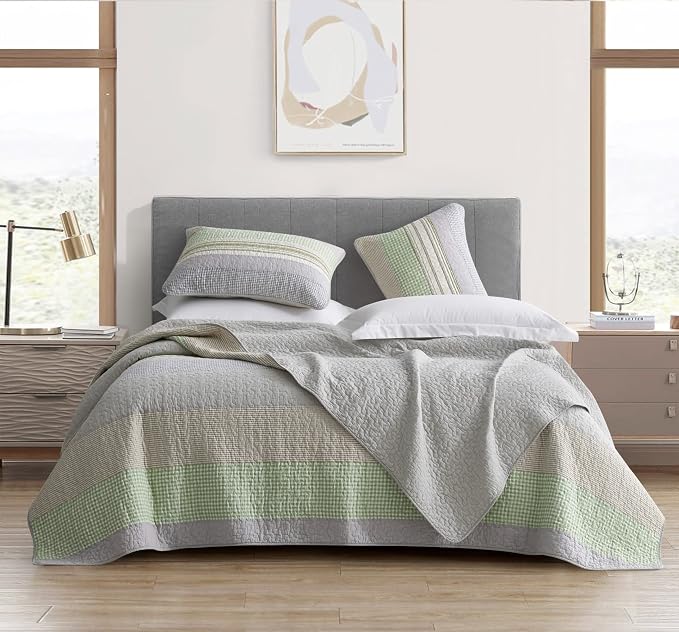 Chezmoi Collection Rene 3-Piece Boho Chic Patchwork Stripe Quilt Set - Green Gray White Plaid Candy Stripe Reversible Bedspread - Pre-Washed Cotton Lightweight Coverlet, Queen Size