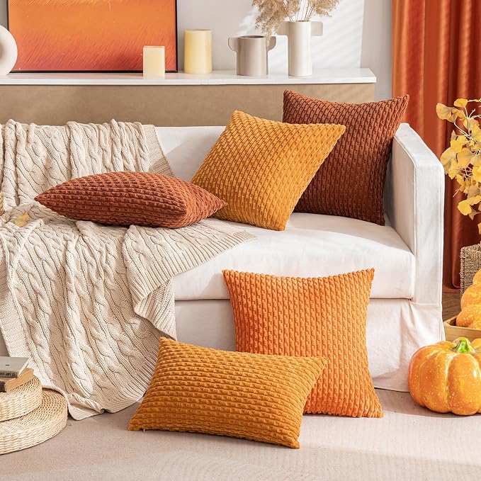 MIULEE Decorative Throw Pillow Covers 18x18 Fall Burnt Textured Corduroy | Orange Pack of 2 Striped Pillow Covers Modern Farmhouse Autumn Home Decor for Couch Bed Sofa Living Room