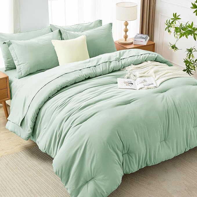 7 Pieces Queen Comforter Set, Soft Bed in a Bag Queen Size, All Season Bedding Set with Comforter, Flat Sheet, Fitted Sheet, Pillowcases & Shams, Sage Green