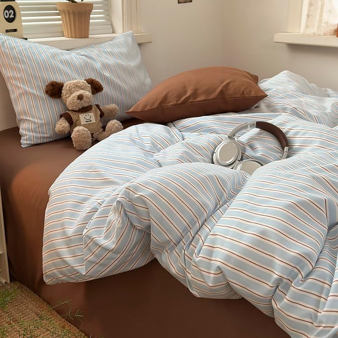 mixinni Vintage Striped King Duvet Cover Set, Washed Microfiber Coastal Bedding, Light Blue Brown Vertical Stripe Comforter Cover with Zipper & Corner Ties, (1 Duvet Cover + 2 Pillowcases)