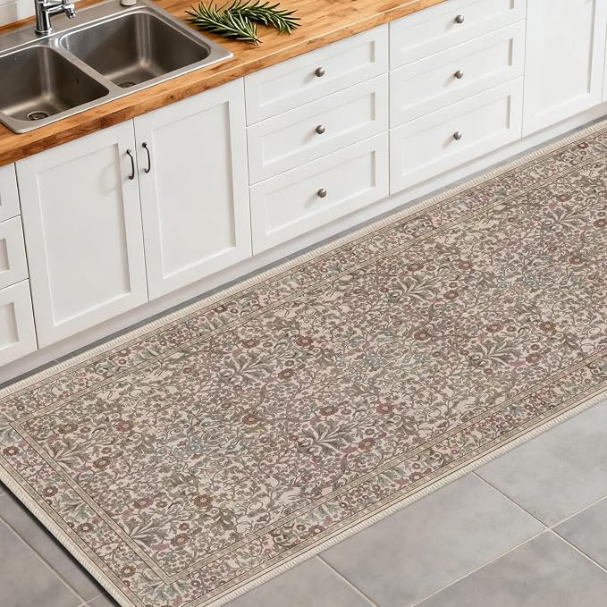 Washable 2'6" x 10' Runners for Hallways, Non Slip Long Floor Runner for Kitchen, Entryway Indoor, Stain Resistant Rubber Backing Floral Decor Rug (Moss)