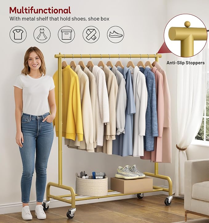 SLEEPING LAMB Heavy Duty Clothes Racks for Hanging Clothing Rack, 43" Wide Rolling Garment Rack Metal Wardrobe Rack with Wheels Closet Hanger Rack for Coats, Shirts, Dress (Gold)