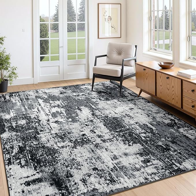 RELEANY Washable 5'x8' Abstract Area Rug for Living Room Black White | Carpet for Bedroom, Kitchen, Office, Hallway and Entryway, Printed Pattern, Non‑Slip, Soft, Stain‑Resistant, Easy to Clean
