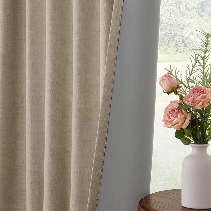 INOVADAY 100% Blackout Curtains for Bedroom Black Out Curtains 96 Inch Long | Earthy Beige Living Room Curtains 2 Panels, Clip Rings Linen Look Blackout Drapes, Thermal Insulated Room Darkening,W50xL96