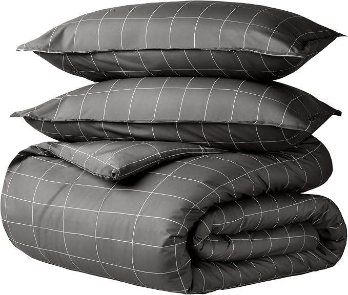 Bare Home Duvet Cover Set 1800 Ultra-Soft (Queen, Grid - Grey/White) | Lightweight, Cooling, Breathable, Premium 1800 Ultra-Soft, All-Season