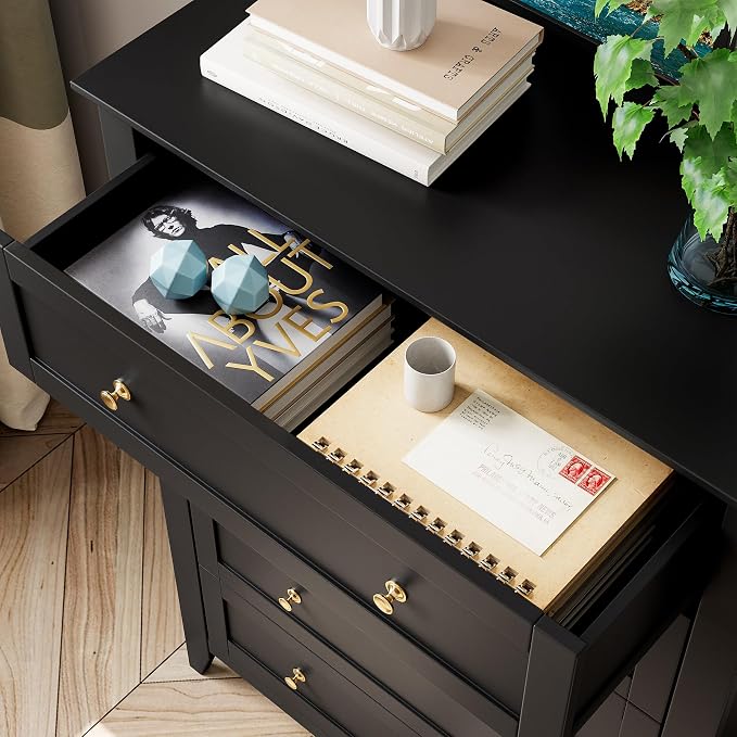 Garvee 5 Drawer Dresser for Bedroom, Modern Tall Chest of Drawers with Metal Knobs, Wooden Clothes Storage Organizer for Closet, Nursery, Living Room, Apartment, Black | Lacquered Finish, Metal Knobs, Clothes Storage Organizer for Closet, Nursery, Livi...