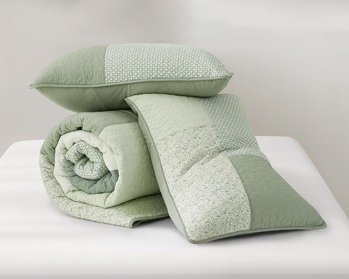 Chezmoi Collection Elm 3-Piece Chic Patchwork Quilt Set - Green Floral Striped Coverlet - Pre-Washed Cotton Lightweight Reversible Bedspread, Queen Size