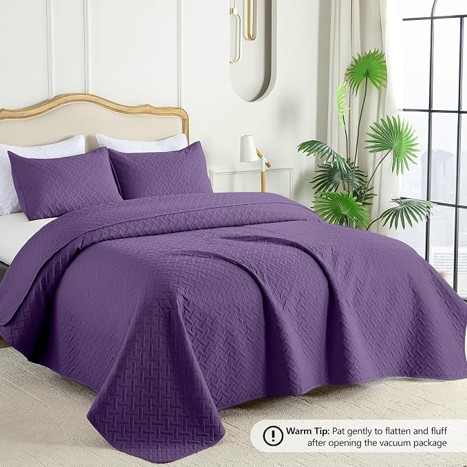 FLYMME Quilts Queen Size,Lightweight Purple Bedspreads,Basket Weave Pattern,Ultra Soft Microfiber Bed Coverlet 3 Pieces for All-Seasons (1 Quilt,2 Shams)