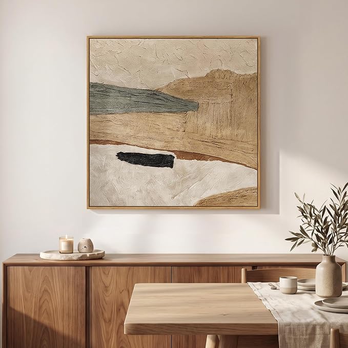 Framed Neutral Organic Abstract Canvas Wall Art for Dining Room, 24x24 In | Earth tone, Canvas prints, Modern pictures, Beige tan gray, Wood frame, Minimalist artwork, Living room, Bedroom wall decor