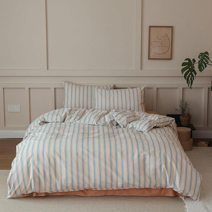 Striped Comforter Set King Size, 3 Pieces Lightweight Striped Bedding Comforter Set, Fluffy Soft Blue Brown Stripes Pattern Printed Bedding Set, Breathable King Size Comforter with 2 Pillowcases