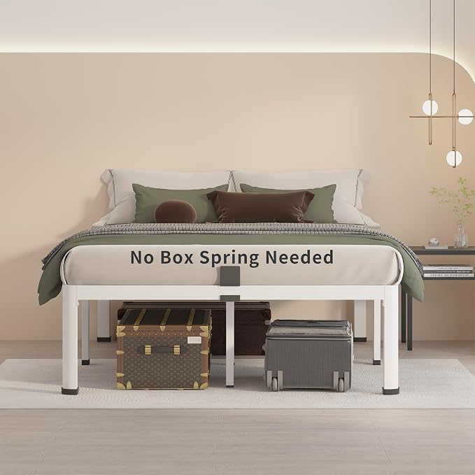 MAF 12 Inch Queen Metal Platform Bed Frame White with Round Corner Legs | Mattress Baffle, 3000 LBS Heavy Duty Steel Slat Support, Noise Free, No Box Spring Needed, Easy Assembly, 10.4" Storage Space