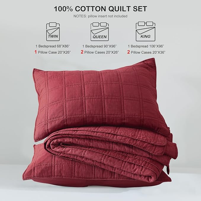 HORIMOTE HOME 100% Cotton Quilt Set Queen Size, Burgundy Pre-Washed Bedspreads Coverlet Set in Geometric Pattern, Cozy Lightweight Stitching Decorative Bedding Cover with 2 Shams for All Season