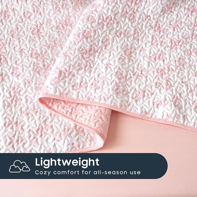 Wake In Cloud - Floral Quilt Set, Shabby Chic Coquette Cottagecore Vintage Flower for Women Teen Girls, Reversible Lightweight Bedspread Coverlet, 3 Pieces, Pink, Queen/Full Size