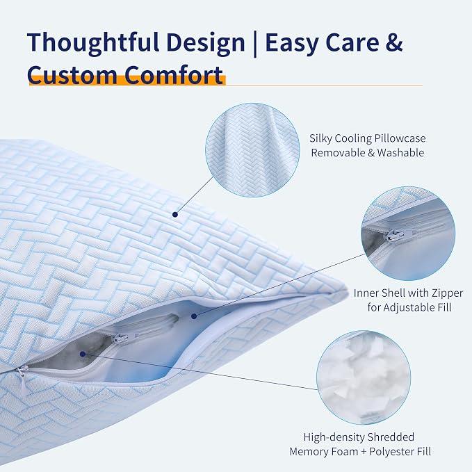 DOWNCOOL Cooling Body Pillow 1 Pack, Shredded Memory Foam Long Pillow | Full Body Support, Adjustable Loft, Firm, Cool Pillow for Hot Sleepers, Side Sleepers, Pregnant, Removable Cover, 20"X54"