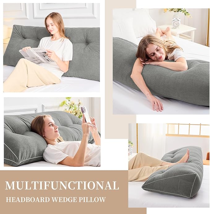 Sasttie Headboard Pillow King, Wedge Pillow Headboard, Light Grey | Triangle Backrest Cushion for Sitting or Reading in Bed, Dorm Essentials, OEKO-TEX, Down Alternative Fill, Side Pockets