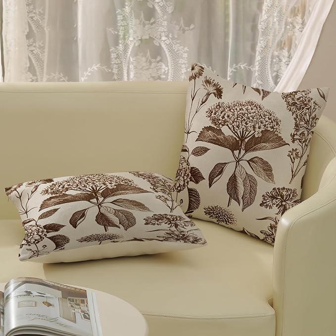 Brown Pillow Covers 18x18 Inch 2 Pcs Boho Vintage Floral Decor Throw Pillows Hydrangea Flower Seasonal Outdoor Farmhouse Neutral Accent Decoration Pillowcase Linen Cushion Cover for Couch