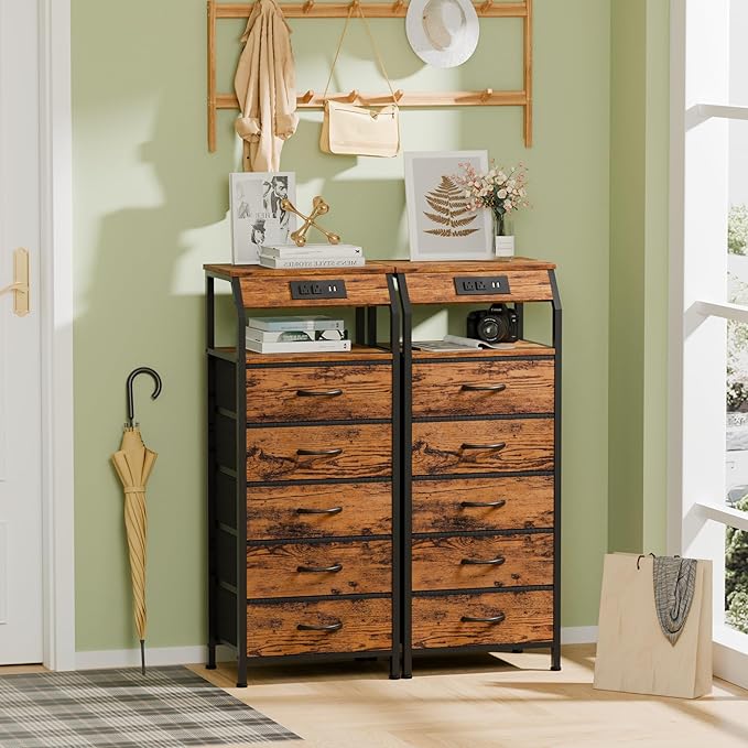 Furnulem 5 Drawers Dresser with Charging Station, Tall Nightstand, Brown | Tall Dorm Nightstand, Fabric Chest of Drawers with Storage Shelf, Skinny Dresser for Bedroom, Closet, Entryway, 3 Ways to Use