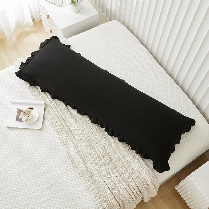 Black Body Pillow Cover 20x54inches Long Pillowcase Ruffled Pillowcases Shabby Chic Ruffled Fringe Decor Body Ruffled Pillow Sham Cute Pillowcase (1 Body, Black)