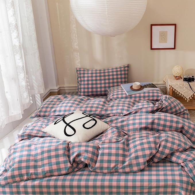 LifeTB Purple Pink Plaid Comforter Set Full Geometric Checkered Pattern Comforter Boho Grid Plaid Printed Bedding Comforter Set Fluffy Soft Lightweight Bedding Comforter Full Size with 2 Pillowcases
