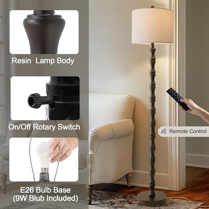 BOBOMOMO 62" Rustic Farmhouse Floor Lamp Dark Brown with Remote & Dimmable 9W Bulb, 3 Color Temperatures Resin Standing Lamp, Retro Tall Lamp for Living Room, Bedroom, Nursery, Office, Reading Nook