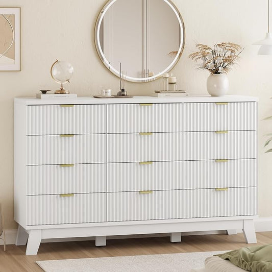Xixini Fluted Dresser for Bedroom with 12 Drawers, 57" Wide Modern Chest of Drawers with Metal Handle, Wooden Dresser TV Stand, Wood Closet Clothes Storage Organizer for Living Room, Hallway, White