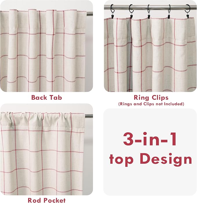 DriftAway 100% Blackout Plaid Linen Curtains 72 Inches Long 2 Panels Red | 100% Blackout, Linen Texture, Plaid Pattern, Two Layers, Rod Pocket & Back Tab, Bedroom Living Room Use, Luxury Appearance