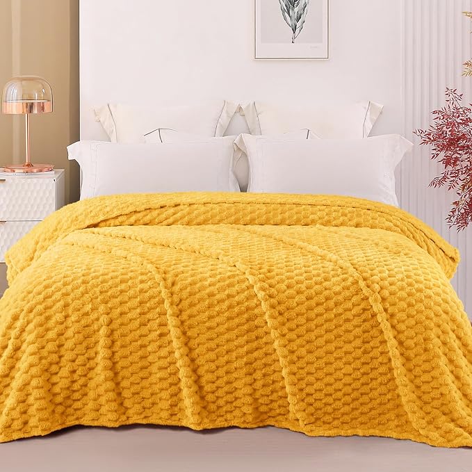 Exclusivo Mezcla 3D Fleece Twin Size Blanket for Bed, Mustard Yellow | Extra Soft Fuzzy Plush Lightweight Bed Blankets, Cozy Fluffy Decorative Blankets for All Seasons, 60x80 Inches