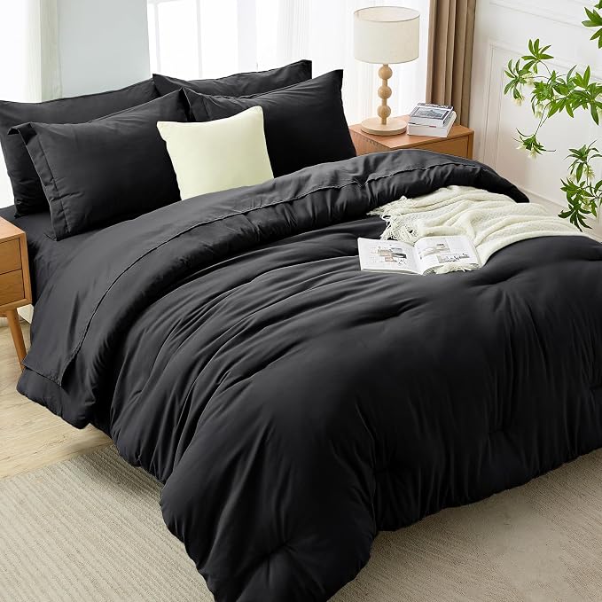 7 Pieces Queen Comforter Set, Soft Bed in a Bag Queen Size, All Season Bedding Set with Comforter, Flat Sheet, Fitted Sheet, Pillowcases & Shams, Black