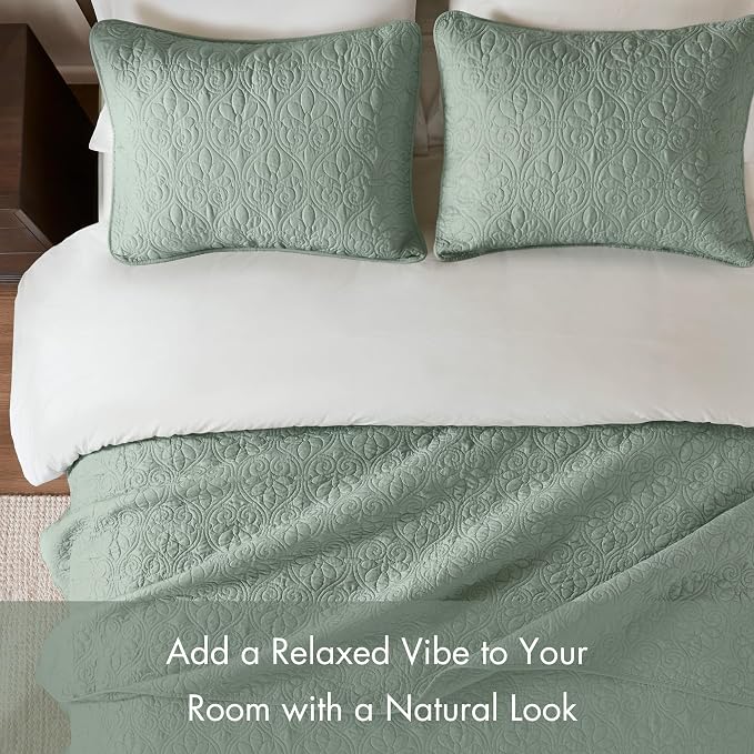 Madison Park Luxurious Cotton Damask Quilt Set, 3PC Full/Queen Bed Set | All Season, Lightweight Stitching Coverlet Bedspread Bedding Stitching with Shams, Seafoam