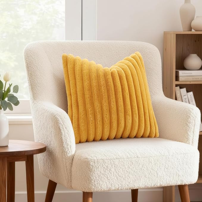 decorUhome Fall Faux Fur Throw Pillow Covers 22x22 Set of 2 Mustard Yellow | Decorative Soft Cozy Striped Plush Modern Farmhouse Boho Couch Pillow Cases Velvet Back for Sofa Bed Living Room Home Decor